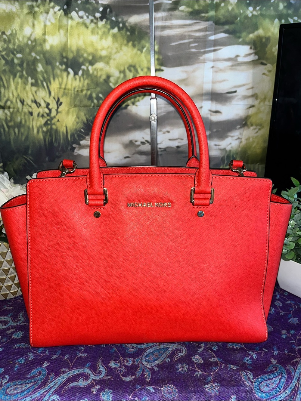 Michael Kors Bright Red Saffiano Satchel with Gold Hardware